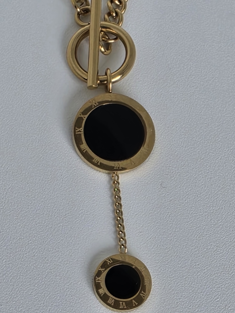 Stainless Steel Toggle Chain Bracelet Black Enamel Roman Numeral Charm 8"